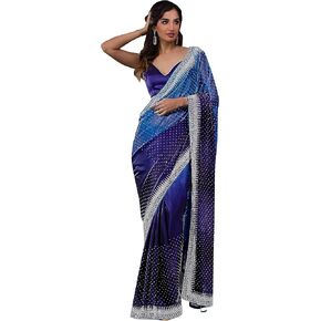 ساري حريمي ثقيل من حرير رانجولي من تريندمولز بتصميم سواروفسكي مزدوج الظل للنساء، ازرق، 5.5 متر in Kuwait