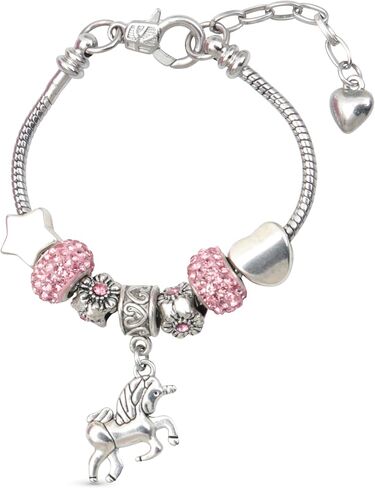 سوار بتعليقة يونيكورن للبنات مع حلية يونيكورن ودلايات كريستال لامعة بلون بينك - سوار مثالي للفتيات الصغيرات (17 سم/ 6.7 انش)، 6.7 انش، معدن, 6.7 inches, معدن in Kuwait