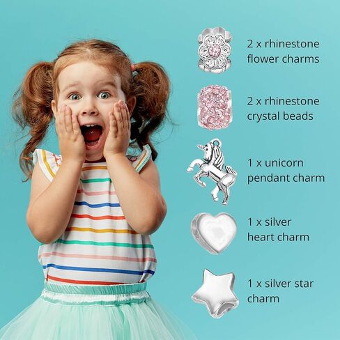 سوار بتعليقة يونيكورن للبنات مع حلية يونيكورن ودلايات كريستال لامعة بلون بينك - سوار مثالي للفتيات الصغيرات (17 سم/ 6.7 انش)، 6.7 انش، معدن, 6.7 inches, معدن in Kuwait