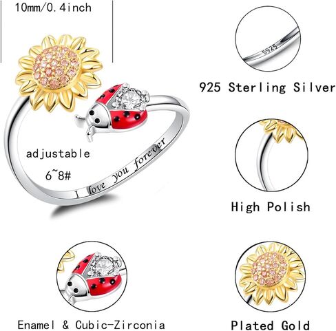 S925 Sterling Silver Sunflower Ladybug Ring Bracelet Earrings Set - I Love You Forever Gifts for Women Girls in Kuwait
