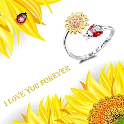 S925 Sterling Silver Sunflower Ladybug Ring Bracelet Earrings Set - I Love You Forever Gifts for Women Girls in Kuwait