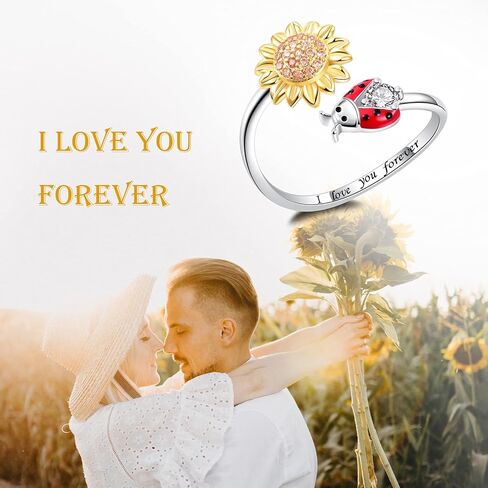 S925 Sterling Silver Sunflower Ladybug Ring Bracelet Earrings Set - I Love You Forever Gifts for Women Girls in Kuwait