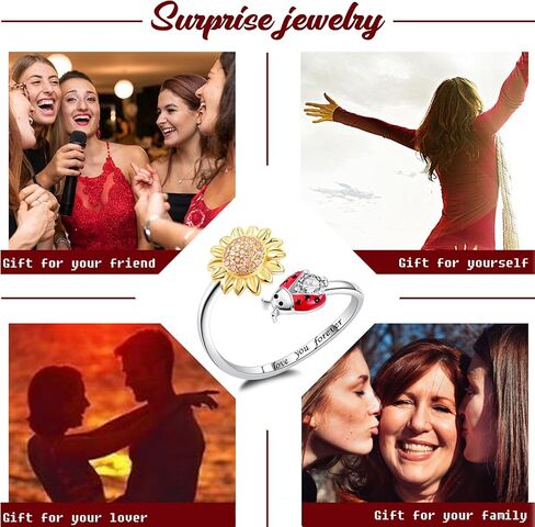 S925 Sterling Silver Sunflower Ladybug Ring Bracelet Earrings Set - I Love You Forever Gifts for Women Girls in Kuwait