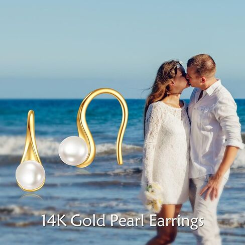 14K Gold AAA Freshwater Pearl Earrings Solid Gold Dangle Drop 6MM Pearl Earrings Jewelry Gifts for Women Girls in Saudi Arabia
