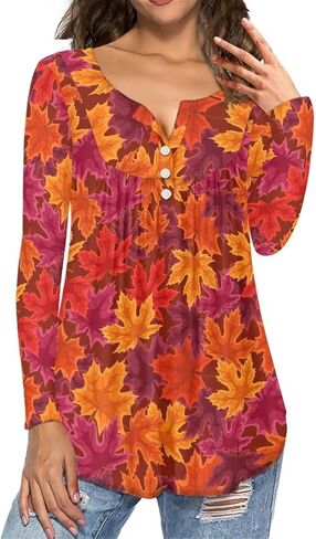 WHOSGNIHT Women Long Sleeve Tunic Tops Casual Fall V Neck T Shirts with Button Down Top Blouse for Gift Travel in Saudi Arabia