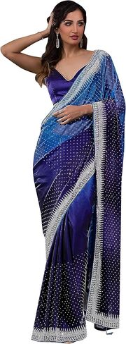 ساري حريمي ثقيل من حرير رانجولي من تريندمولز بتصميم سواروفسكي مزدوج الظل للنساء، ازرق، 5.5 متر in Kuwait