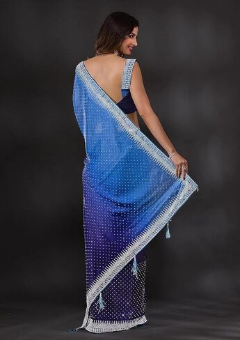 ساري حريمي ثقيل من حرير رانجولي من تريندمولز بتصميم سواروفسكي مزدوج الظل للنساء، ازرق، 5.5 متر in Kuwait