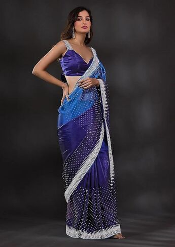 ساري حريمي ثقيل من حرير رانجولي من تريندمولز بتصميم سواروفسكي مزدوج الظل للنساء، ازرق، 5.5 متر in Kuwait