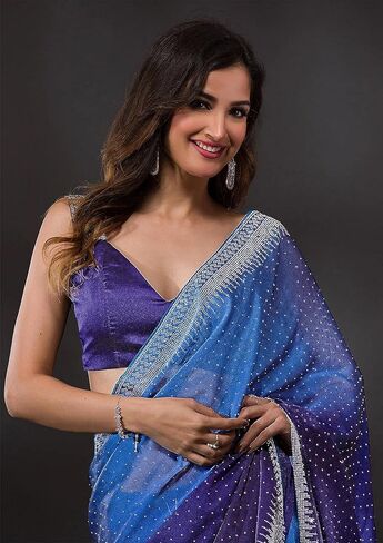 ساري حريمي ثقيل من حرير رانجولي من تريندمولز بتصميم سواروفسكي مزدوج الظل للنساء، ازرق، 5.5 متر in Kuwait