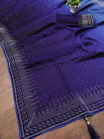 ساري حريمي ثقيل من حرير رانجولي من تريندمولز بتصميم سواروفسكي مزدوج الظل للنساء، ازرق، 5.5 متر in Kuwait