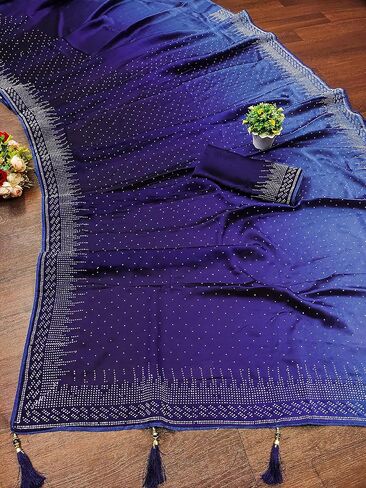 ساري حريمي ثقيل من حرير رانجولي من تريندمولز بتصميم سواروفسكي مزدوج الظل للنساء، ازرق، 5.5 متر in Kuwait