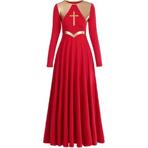 Women Metallic Cross Praise Dance Dresses Liturgical Lyrical Dancewear Color Block Long Sleeve Worship Dance Dress in Kuwait