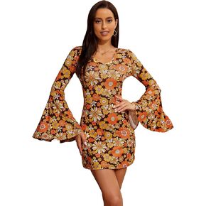 Verdusa Women's Floral Print Bell Long Sleeve V Neck Mini Bodycon Dress