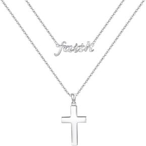 AOVEAO Faith Necklace,S925 Sterling Silver Double Layer Faith Cross Necklaces for Women Girls Sterling Silver Birthstone Pendant Jewlery- Christian faith Script Inspring Jewelry Gift in Kuwait