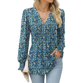 LOMON Long Sleeve Blouses for Women Fall Smocked Tunic Tops Fashion V Neck Shirts Casual Loose Pleated T-Shirts