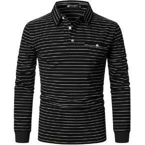 STTLZMC Men's Striped Polo Shirt Long Sleeve Golf Cotton Lightweight Basic T-Shirt Top with Pocket