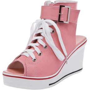OCHENTA Women's Peep Toe Canvas Wedge Heeled Platform Fashion Sneaker