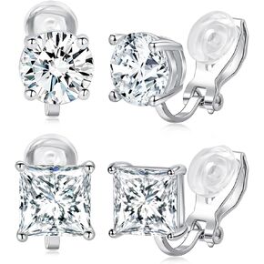 مجموعة من الأقراط ذات المشبك على شكل مكعب زركونيا مستديرة مربعة من الألماس المقلد للنساء والرجال غير مثقوبة ولا تسبب الحساسية للأذن الحساسة، مجموعة مطلية بالذهب الأبيض عيار 18 قيراط in Kuwait