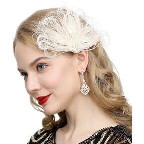 1920s Gatsby Acessories Peacock Costume Hair Clip with Feather Pearl 1920 Flapper Headpiece (A-Black)