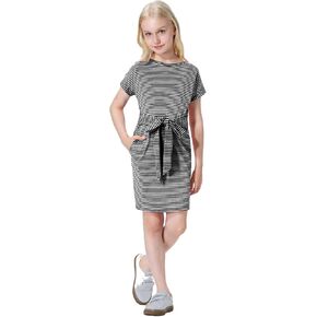 Mebius Girl's Summer Plaid Short Sleeve Tween T Shirt Dress Casual Tie Waist with Pockets