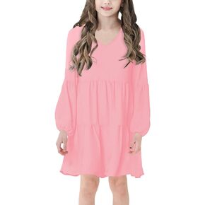 WUIRMELY Girls Long Sleeve V Neck Tiered Casual Cotton Spring Dress Back to School Outfits