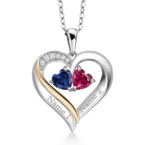 925 Sterling Silver and 10K Yellow Gold Engraved Customized and Personalized Gemstone Birthstone and White Lab Grown Diamond 2-Heart Couple Name Pendant Necklace For Women with 18 Inch Silver Chain in Kuwait