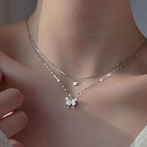 YienDoo Boho Layered Crystal Butterfly Necklace Choker Vintage Silver Tiny Butterfly Pendant Necklace Funky Rhinestone Butterfly Choker Rock Statement Necklace Charm Jewelry for Women and Girls in Kuwait