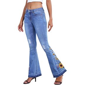 Anna-Kaci Womens Floral Daisy Embroidered Mid Rise Bell Bottom Flare Frayed Hem Jeans
