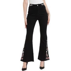 Anna-Kaci Womens Floral Daisy Embroidered Mid Rise Bell Bottom Flare Frayed Hem Jeans in Kuwait