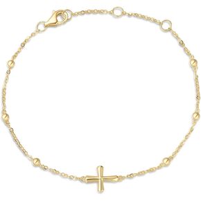 FANCIME 14k Solid Yellow Gold Cross Crucifix Strand Station Bracelet Dainty Everyday Fine Minimalist Jewelry Cute Anniversary Mother's Day Gifts for Women, 6.7" + 1.2" in Saudi Arabia