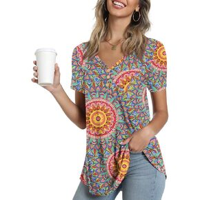 AWULIFFAN Womens Summer Short Sleeve Tunic Tops Loose Fit Casual T-Shirt Button Up Blouses in Kuwait