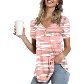 AWULIFFAN Womens Summer Short Sleeve Tunic Tops Loose Fit Casual T-Shirt Button Up Blouses