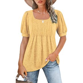 Zwurew Women's Summer Casual Puff Short Sleeve T-Shirts Square Neck Pleated Flowy Trendy Tunic Tops for Leggings S-2XL