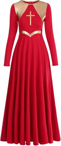 Women Metallic Cross Praise Dance Dresses Liturgical Lyrical Dancewear Color Block Long Sleeve Worship Dance Dress in Kuwait