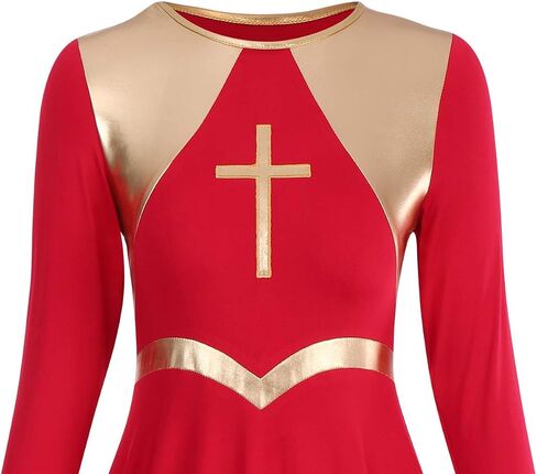 Women Metallic Cross Praise Dance Dresses Liturgical Lyrical Dancewear Color Block Long Sleeve Worship Dance Dress in Kuwait