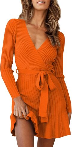 HUUSA Women's Sexy V Neck Wrap Sweater Dress Casual Long Sleeve Slim Bodycon Ruffle Hem Party Sweater Mini Dresses with Belt in Kuwait