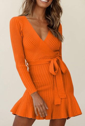 HUUSA Women's Sexy V Neck Wrap Sweater Dress Casual Long Sleeve Slim Bodycon Ruffle Hem Party Sweater Mini Dresses with Belt in Kuwait