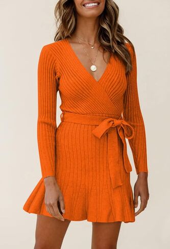 HUUSA Women's Sexy V Neck Wrap Sweater Dress Casual Long Sleeve Slim Bodycon Ruffle Hem Party Sweater Mini Dresses with Belt in Kuwait