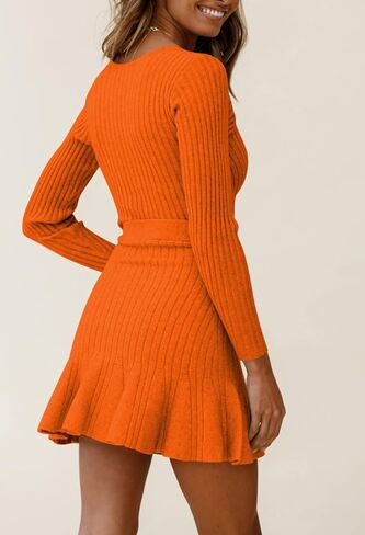 HUUSA Women's Sexy V Neck Wrap Sweater Dress Casual Long Sleeve Slim Bodycon Ruffle Hem Party Sweater Mini Dresses with Belt in Kuwait