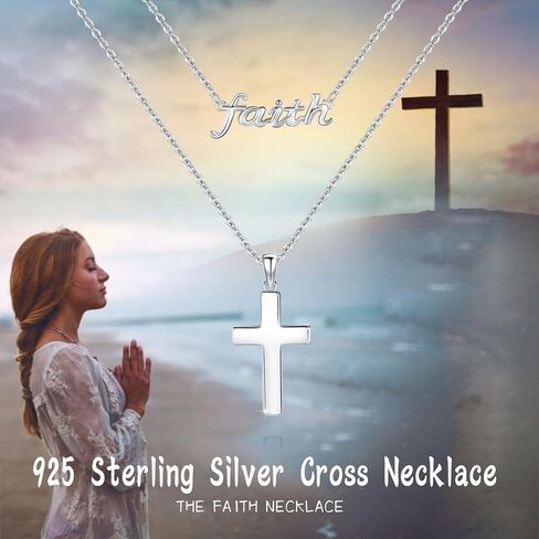 AOVEAO Faith Necklace,S925 Sterling Silver Double Layer Faith Cross Necklaces for Women Girls Sterling Silver Birthstone Pendant Jewlery- Christian faith Script Inspring Jewelry Gift in Kuwait