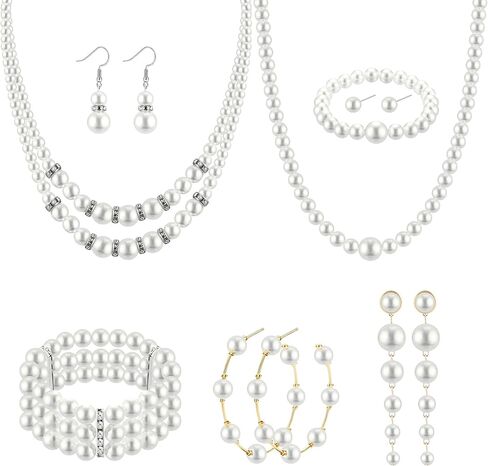 FUNRUN JEWELRY مجموعة مجوهرات اللؤلؤ مع قطعتين من قلادة اللؤلؤ الصناعي، قطعتين من سوار اللؤلؤ، 3 أزواج من أقراط اللؤلؤ من عشرينيات القرن العشرين إكسسوارات اللؤلؤ المقلد مجوهرات لؤلؤ الزفاف هدية عيد الميلاد للنساء والأم والزوجة in Kuwait