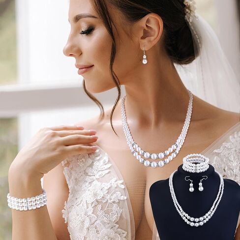FUNRUN JEWELRY مجموعة مجوهرات اللؤلؤ مع قطعتين من قلادة اللؤلؤ الصناعي، قطعتين من سوار اللؤلؤ، 3 أزواج من أقراط اللؤلؤ من عشرينيات القرن العشرين إكسسوارات اللؤلؤ المقلد مجوهرات لؤلؤ الزفاف هدية عيد الميلاد للنساء والأم والزوجة in Kuwait