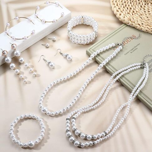 FUNRUN JEWELRY مجموعة مجوهرات اللؤلؤ مع قطعتين من قلادة اللؤلؤ الصناعي، قطعتين من سوار اللؤلؤ، 3 أزواج من أقراط اللؤلؤ من عشرينيات القرن العشرين إكسسوارات اللؤلؤ المقلد مجوهرات لؤلؤ الزفاف هدية عيد الميلاد للنساء والأم والزوجة in Kuwait