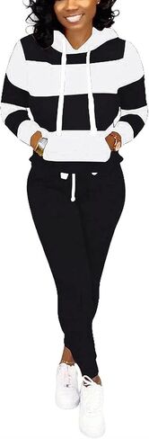 اوموني بدلة ركض كاجوال بغطاء للرأس واكمام طويلة ورباط سحب للنساء مكونة من قطعتين in Kuwait