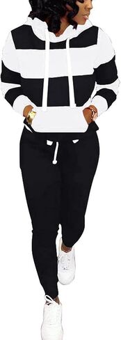 اوموني بدلة ركض كاجوال بغطاء للرأس واكمام طويلة ورباط سحب للنساء مكونة من قطعتين in Kuwait