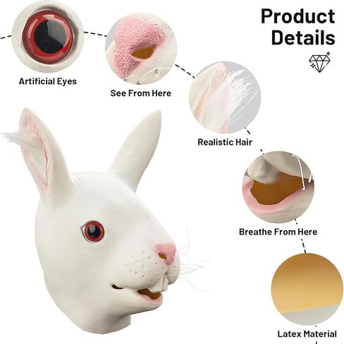 قناع أرنب من AQKILO® على شكل حيوان من اللاتكس، أقنعة واقعية لكامل الرأس لحفلات الهالوين الكرنفالية in Kuwait