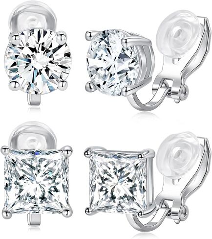 مجموعة من الأقراط ذات المشبك على شكل مكعب زركونيا مستديرة مربعة من الألماس المقلد للنساء والرجال غير مثقوبة ولا تسبب الحساسية للأذن الحساسة، مجموعة مطلية بالذهب الأبيض عيار 18 قيراط in Kuwait