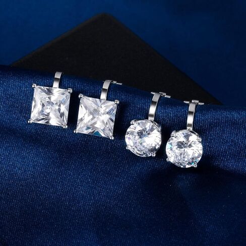 مجموعة من الأقراط ذات المشبك على شكل مكعب زركونيا مستديرة مربعة من الألماس المقلد للنساء والرجال غير مثقوبة ولا تسبب الحساسية للأذن الحساسة، مجموعة مطلية بالذهب الأبيض عيار 18 قيراط in Kuwait