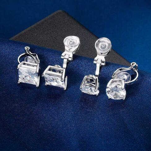 مجموعة من الأقراط ذات المشبك على شكل مكعب زركونيا مستديرة مربعة من الألماس المقلد للنساء والرجال غير مثقوبة ولا تسبب الحساسية للأذن الحساسة، مجموعة مطلية بالذهب الأبيض عيار 18 قيراط in Kuwait