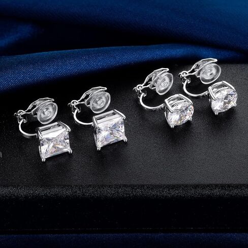 مجموعة من الأقراط ذات المشبك على شكل مكعب زركونيا مستديرة مربعة من الألماس المقلد للنساء والرجال غير مثقوبة ولا تسبب الحساسية للأذن الحساسة، مجموعة مطلية بالذهب الأبيض عيار 18 قيراط in Kuwait